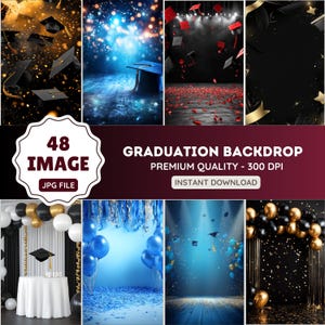 Pode incluir: Um conjunto de 48 imagens de fundo de graduação digitais em formato JPG. As imagens apresentam vários temas, incluindo balões azuis e dourados, balões pretos e dourados e um fundo azul com chapéus de graduação caindo. As imagens são de alta qualidade e perfeitas para criar anúncios de graduação, convites ou postagens em mídias sociais.