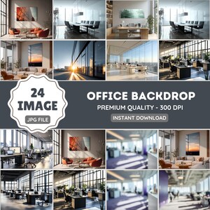 Könnte beinhalten: Eine Collage aus 24 Bildern, die verschiedene Büroflächen mit modernen Möbeln, großen Fenstern und natürlichem Licht zeigen. Die Bilder zeigen Schreibtische, Stühle, Pflanzen und andere Bürodekorationen. Der Text "24 IMAGE JPG FILE" und "OFFICE BACKDROP PREMIUM QUALITY - 300 DPI INSTANT DOWNLOAD" ist auf der Collage zu sehen.