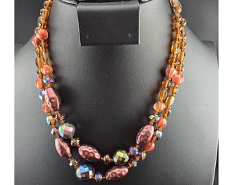 Vintage W. Germany Double Strand Necklace Beads Aurora Borealis  Faceted Crystal