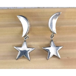 Vintage Sterling Silver Crescent Moon & Star Dangle Artisan Celestial Earrings