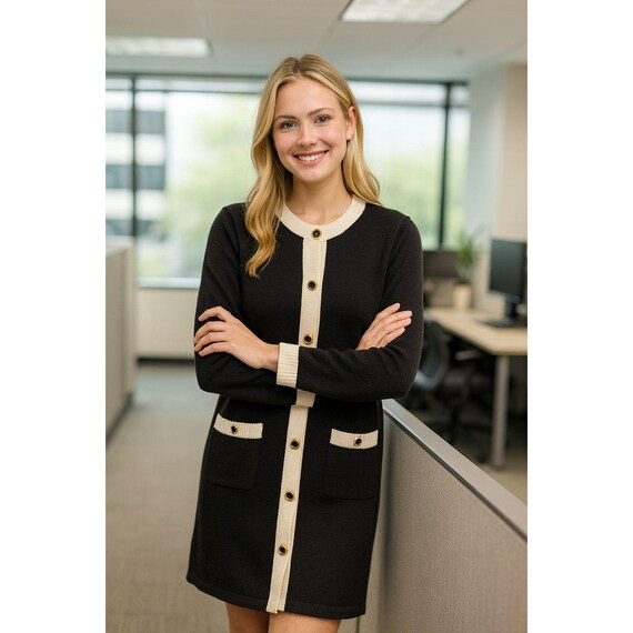 Laura by Alyzia Petites Black & Cream Button-front Cardigan Dress With Pockets