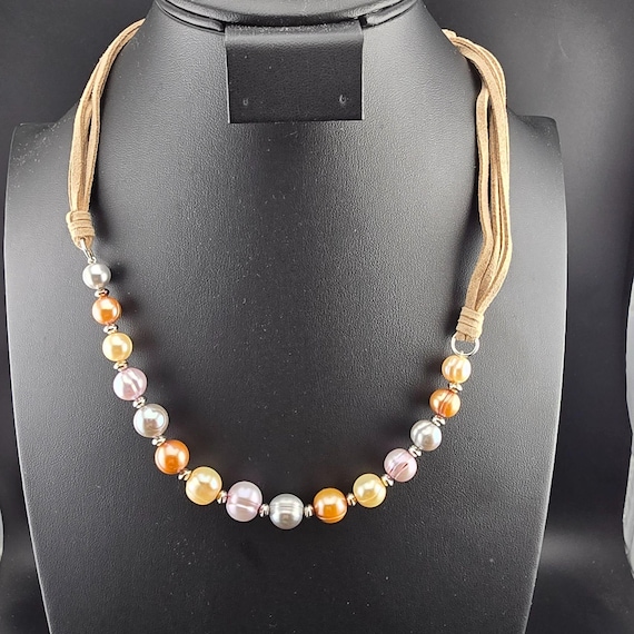 NWT Honora Multi-Color Cultured Pearl Necklace Tan Cord Adjustable Box & Bag
