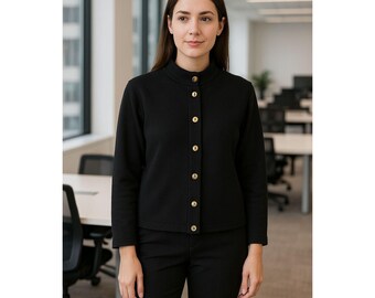 St. John Sport Black Cotton Sweater Gold Twist lock Buttons Mandarin Collar Sz M