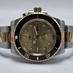 Retro Vintage Orient AAA Crystal 21 Jewels "Submariner" Style Automatic Men's Watch Gold Dial Two-Tone Stainless Steel, Japanese Mechanical