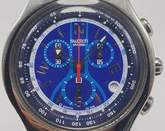 Rare Swatch Irony Sea Pride Turn Blue Chrono XL 47MM Swiss Watch