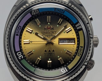 Orologio subacqueo automatico Retro Orient Crystal – Quadrante nero oro da uomo di lusso