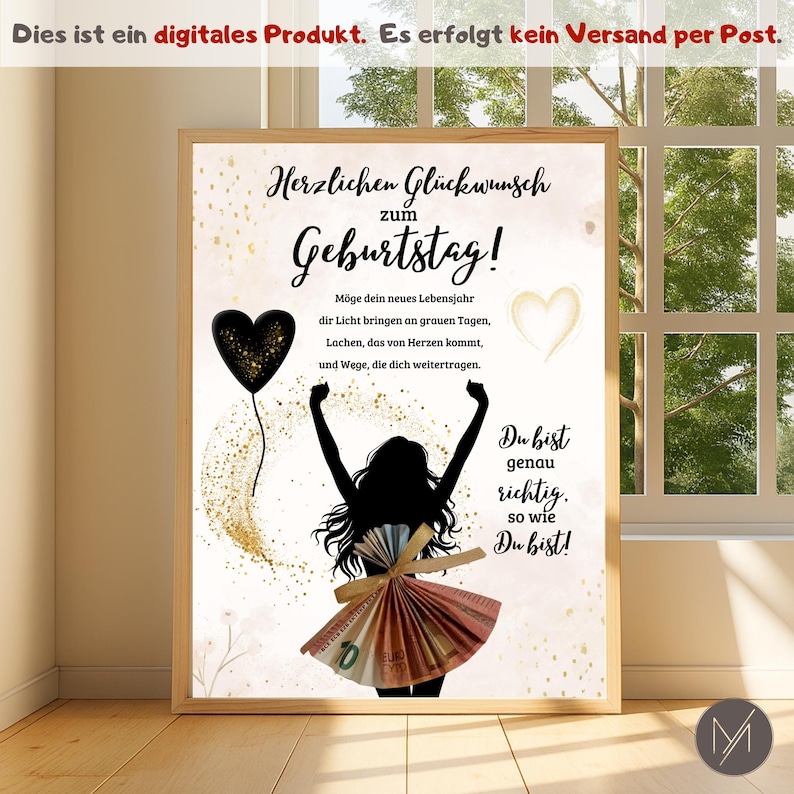May include: A framed print with the words "Herzlichen Gl&uuml;ckwunsch zum Geburtstag!" in elegant script. The image features a silhouette of a person with arms raised, a heart-shaped balloon, and gold accents. The text "Du bist genau richtig, so wie Du bist!" is also included.
