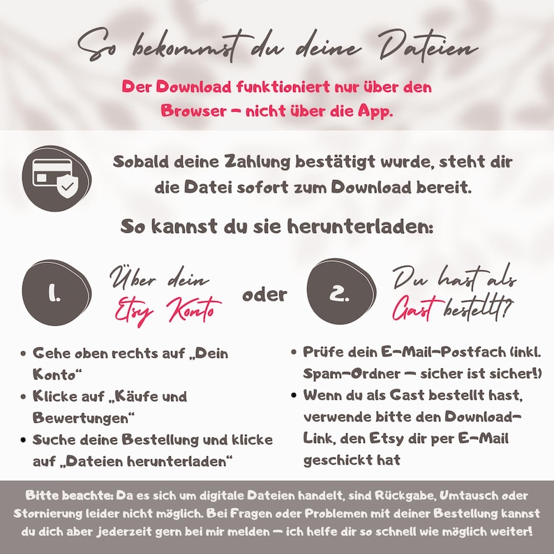 Op de afbeelding: Een digitale downloadinstructie in het Duits. Het legt uit hoe bestanden na aankoop te downloaden, met stappen voor Etsy-accountgebruikers en gastkopers. Het ontwerp bevat een creditcardpictogram en een handschriftlettertype.