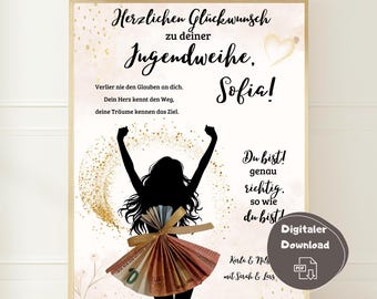 May include: A framed print with German text, including "Herzlichen Glückwunsch" and "Jugendweihe, Sofia!" A silhouette of a person with arms raised, wearing a dress made of Euro banknotes. Gold glitter and floral accents.