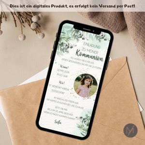 May include: A smartphone screen shows a digital invitation for a First Communion. The design includes a photo of a girl, floral decorations, and event details. The text reads "Invitation to my Communion".