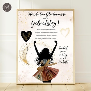 May include: A framed print with German text, "Herzlichen Gl&uuml;ckwunsch zum Geburtstag!" (Happy Birthday!). It features a silhouette of a person with a skirt made of Euro bills, arms raised, and a black heart balloon.