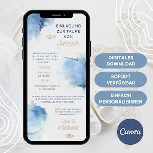 May include: A smartphone screen displaying a baptism invitation for Jakob with blue watercolor accents, gold text, and a fish symbol. The text includes event details, date, location, and RSVP information, alongside three blue buttons labeled Digital Download.