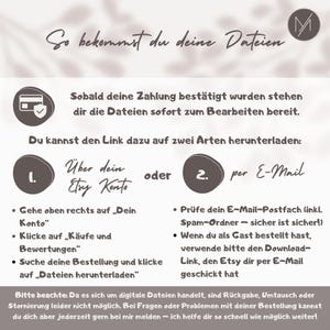 May include: A light beige graphic with text in German explaining how to download digital files after purchase. Instructions include downloading via Etsy account or email. A credit card icon is at the top left.