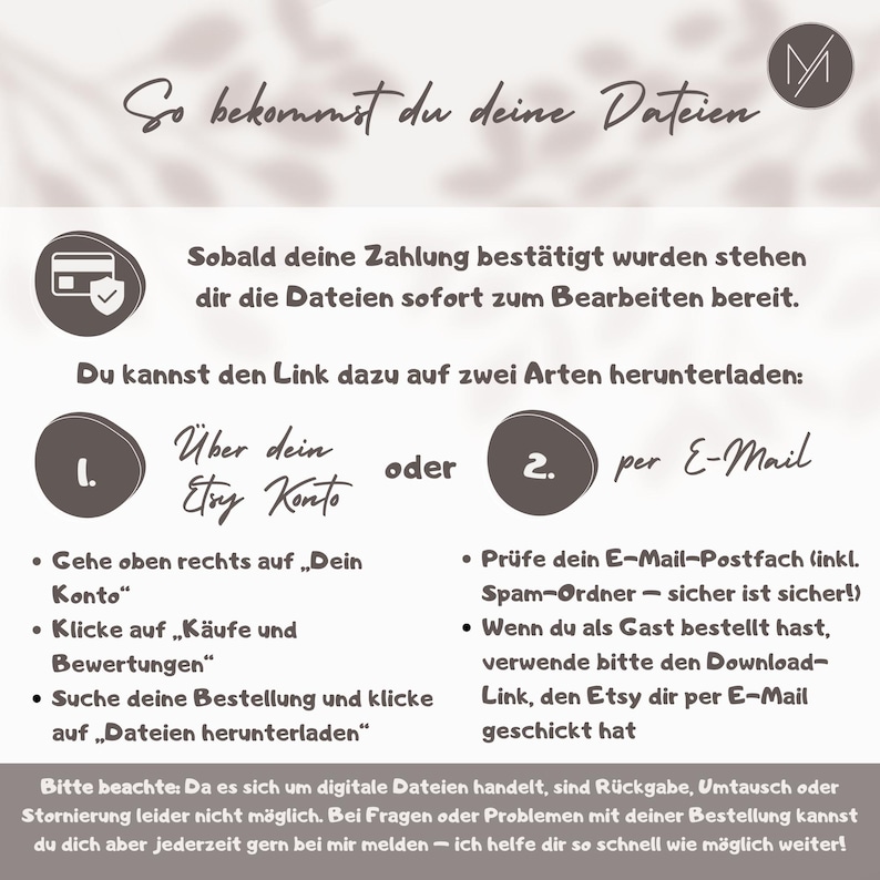 May include: A light beige graphic with text in German explaining how to download digital files after purchase. Instructions include downloading via Etsy account or email. A credit card icon is at the top left.