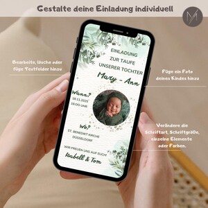 May include: A smartphone displays a baptism invitation with the text "Mary - Ann." The invitation includes a photo of a baby, event details, and the names Isabell & Tom. The phone is held in a person's hands.