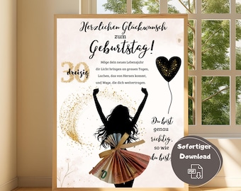 Money gift for a woman's 30th birthday, gift idea for a 30th birthday, last-minute gift, DIY craft template for a money gift, instant download PDF A4