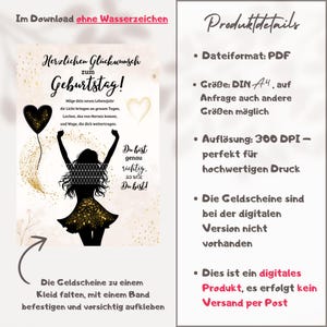 May include: A digital birthday card design with a silhouette of a woman in a dress, holding balloons. The card features German text, gold accents, and a heart. The product details include PDF format and A4 size.