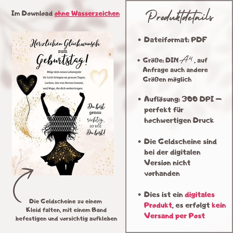 May include: A digital birthday card design with a silhouette of a woman in a dress, holding balloons. The card features German text, gold accents, and a heart. The product details include PDF format and A4 size.