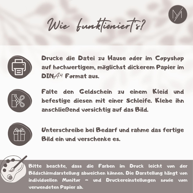 May include: A light beige graphic with instructions in German. The text includes steps for printing, folding, and framing a picture. The image also features icons of a printer, scissors, and a gift.