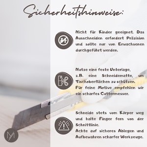 May include: Image with text in German, titled "Sicherheitshinweise:" (Safety Instructions). It includes warnings about cutting, such as not for children, using a cutting mat, and keeping fingers away from the cutting line. A utility knife is visible.