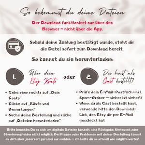 May include: A digital download instruction sheet with text in German. The sheet explains how to download files after purchase, with steps for Etsy account users and guest buyers. Includes a credit card icon.