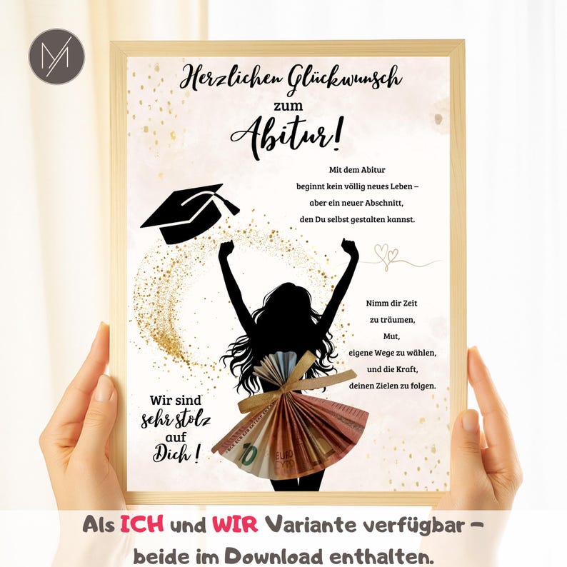 May include: A framed print with a graduation theme. The artwork features a silhouette of a person with arms raised, a graduation cap, and text in German. Gold glitter accents the design. The print is held by hands.