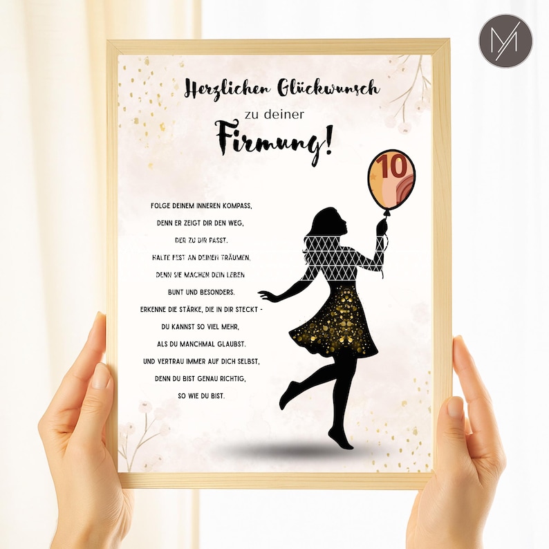 May include: A framed print with German text and a silhouette of a person holding a balloon with the number 10. The print has a light wood frame and is held by two hands.