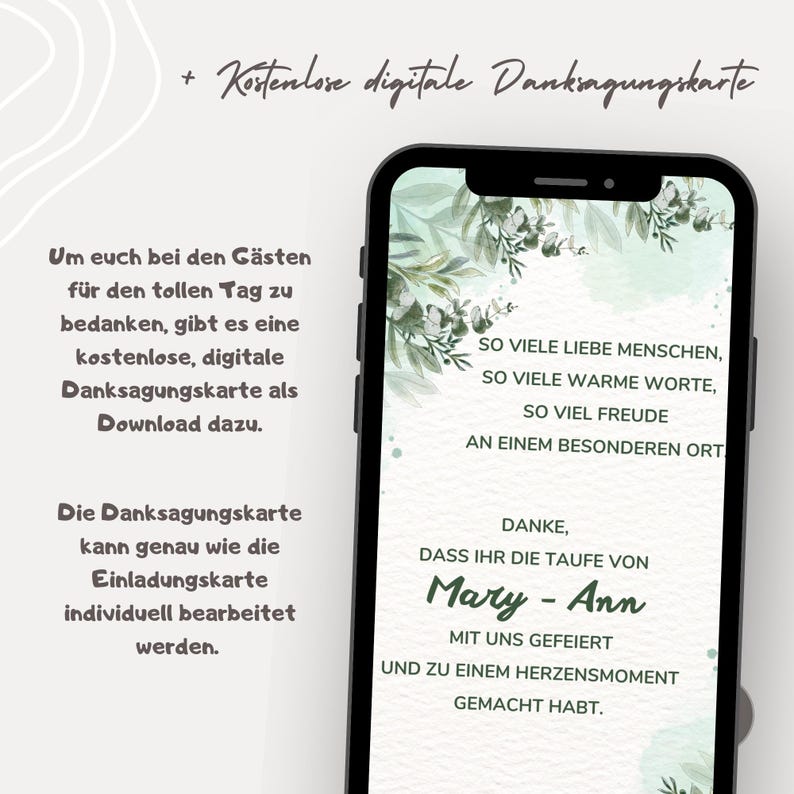 May include: A smartphone displays a digital thank you card with floral accents. The card includes text in German, thanking guests for a special day and mentioning a download. The card is personalized with the name "Mary - Ann".