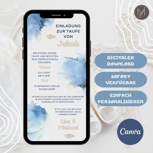 以下が含まれることがあります： スマートフォン画面に表示された洗礼式のデジタル招待状。青い水彩画のアクセントと金色のテキストが特徴です。招待状には日付、時間、場所などの詳細が含まれており、下部にはLisa & Michaelの名前が記載されています。