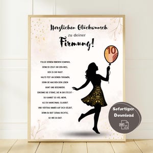 May include: A framed print with German text, featuring a silhouette of a person holding a balloon with the number 10. The print has a light background with gold accents and includes the words "Herzlichen Gl&uuml;ckwunsch zu deiner Firmung!"