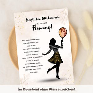 May include: A greeting card with the words "Herzlichen Gl&uuml;ckwunsch zu deiner Firmung!" and a silhouette of a person holding a balloon with the number 10. The card has a watercolor background with floral accents.