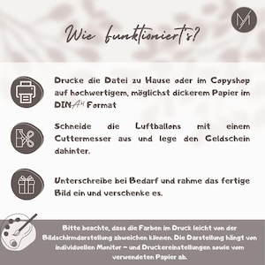 May include: A graphic with instructions in German. The text reads "Wie funktioniert's?" and details on printing, cutting, signing, and framing a design. Includes icons of a printer, scissors, and a gift.