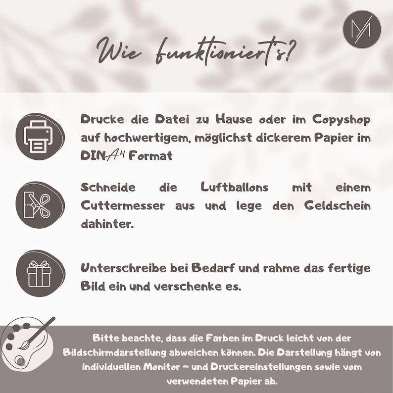 May include: A graphic with instructions in German. The text reads "Wie funktioniert's?" and details on printing, cutting, signing, and framing a design. Includes icons of a printer, scissors, and a gift.