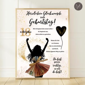 Op de afbeelding: Een ingelijste print met een lichte achtergrond en gouden accenten. De print bevat de tekst "Herzlichen Gl&uuml;ckwunsch zum Geburtstag!" en een silhouet van een persoon met opgeheven armen, gekleed in een jurk van geld. Er is ook een zwarte hartvormige ballon.