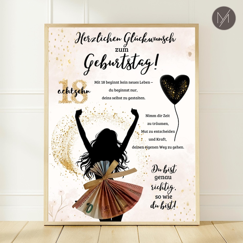 Op de afbeelding: Een ingelijste print met een lichte achtergrond en gouden accenten. De print bevat de tekst "Herzlichen Gl&uuml;ckwunsch zum Geburtstag!" en een silhouet van een persoon met opgeheven armen, gekleed in een jurk van geld. Er is ook een zwarte hartvormige ballon.