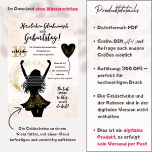 Op de afbeelding: Digitale verjaardagskaart met Duitse tekst en een silhouet van een vrouw in een jurk. De kaart bevat de tekst "Gefeliciteerd met je verjaardag!" en "18", met extra tekst over dromen en zelfontplooiing. De kaart is een PDF-bestand.