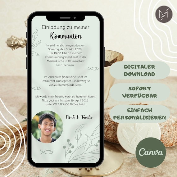 Digitale Einladung Kommunion Personalisiert, Einladung Konfirmation, Digitale Einladungskarte Firmung, WhatsApp Einladung Foto, Canva E-Card