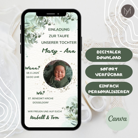 Digitale Taufeinladung Personalisiert Einladung Taufe Einladungskarte moderne Taufeinladung sofort Download WhatsApp Einladung Taufe Baby