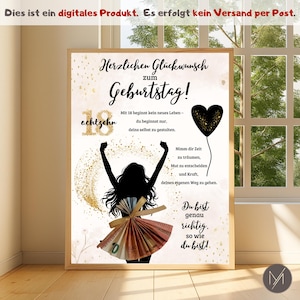 Op de afbeelding: Een ingelijste print met een gouden rand, met een feestelijk ontwerp. Het kunstwerk bevat de woorden "Herzlichen Gl&uuml;ckwunsch zum Geburtstag!" en een silhouet van een persoon met een rok van geld. Er is ook een zwart hartvormige ballon.