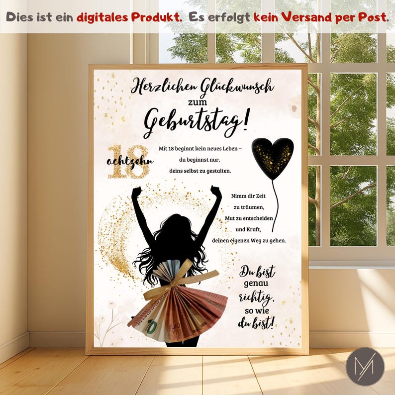 Op de afbeelding: Een ingelijste print met een gouden rand, met een feestelijk ontwerp. Het kunstwerk bevat de woorden "Herzlichen Gl&uuml;ckwunsch zum Geburtstag!" en een silhouet van een persoon met een rok van geld. Er is ook een zwart hartvormige ballon.