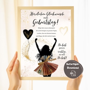 May include: A framed print with German text, "Herzlichen Gl&uuml;ckwunsch zum Geburtstag!" A silhouette of a person with arms raised, a skirt made of Euro bills, and a black heart balloon. Gold glitter accents.