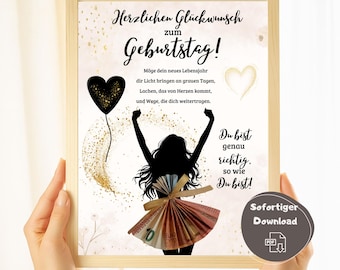 Money gift for a girl's birthday, last-minute birthday gift for a girl, DIY craft template for a money gift, instant download, woman silhouette