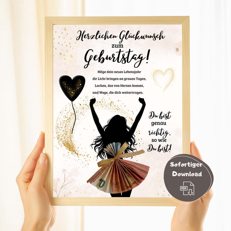 May include: A framed print with German text, "Herzlichen Gl&uuml;ckwunsch zum Geburtstag!" A silhouette of a person with arms raised, a skirt made of Euro bills, and a black heart balloon. Gold glitter accents.