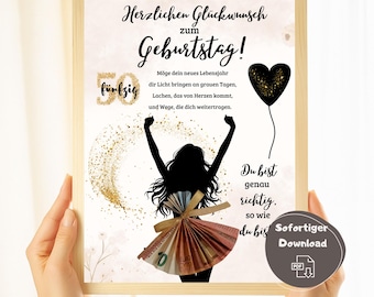 Money gift for a woman's 50th birthday, gift idea for a 50th birthday, last-minute gift, DIY craft template for a money gift, printable PDF A4