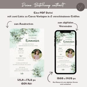 May include: Digital invitation template for a First Communion, featuring a photo of a young girl. The design includes floral accents and event details, with options for printing or digital sending. The text includes the date, time, and location.