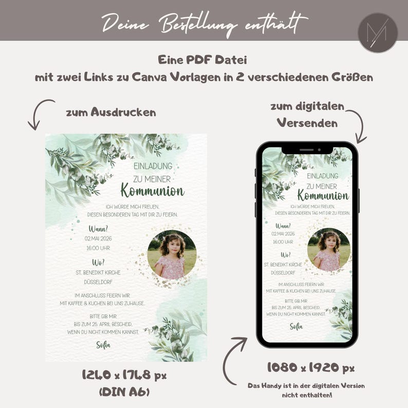 May include: Digital invitation template for a First Communion, featuring a photo of a young girl. The design includes floral accents and event details, with options for printing or digital sending. The text includes the date, time, and location.