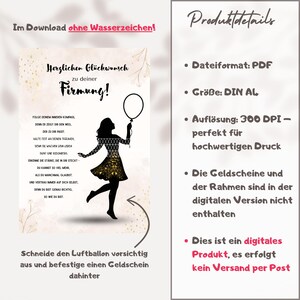 May include: A digital download print with German text and a silhouette of a person holding a balloon. The print includes the words "Herzlichen Gl&uuml;ckwunsch zu deiner Firmung!" and product details. The file format is PDF, size DIN AL.