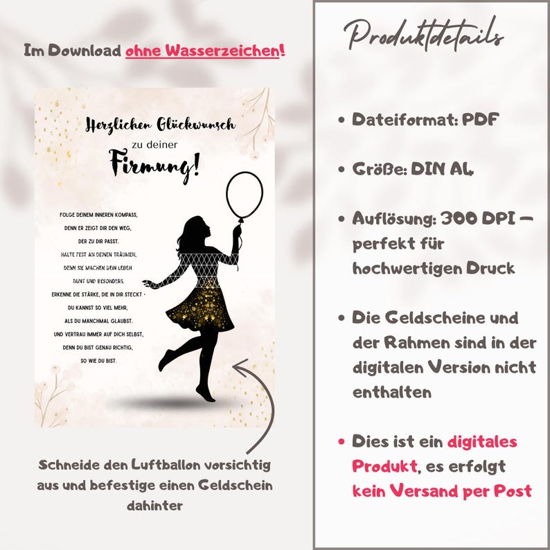 May include: A digital download print with German text and a silhouette of a person holding a balloon. The print includes the words "Herzlichen Gl&uuml;ckwunsch zu deiner Firmung!" and product details. The file format is PDF, size DIN AL.