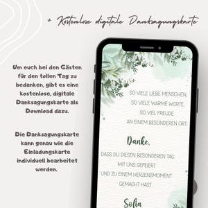 May include: A smartphone screen shows a digital thank you card with floral decorations. The card, written in German, offers a free digital download. The design uses a green and white colour scheme with elegant script and a modern layout.