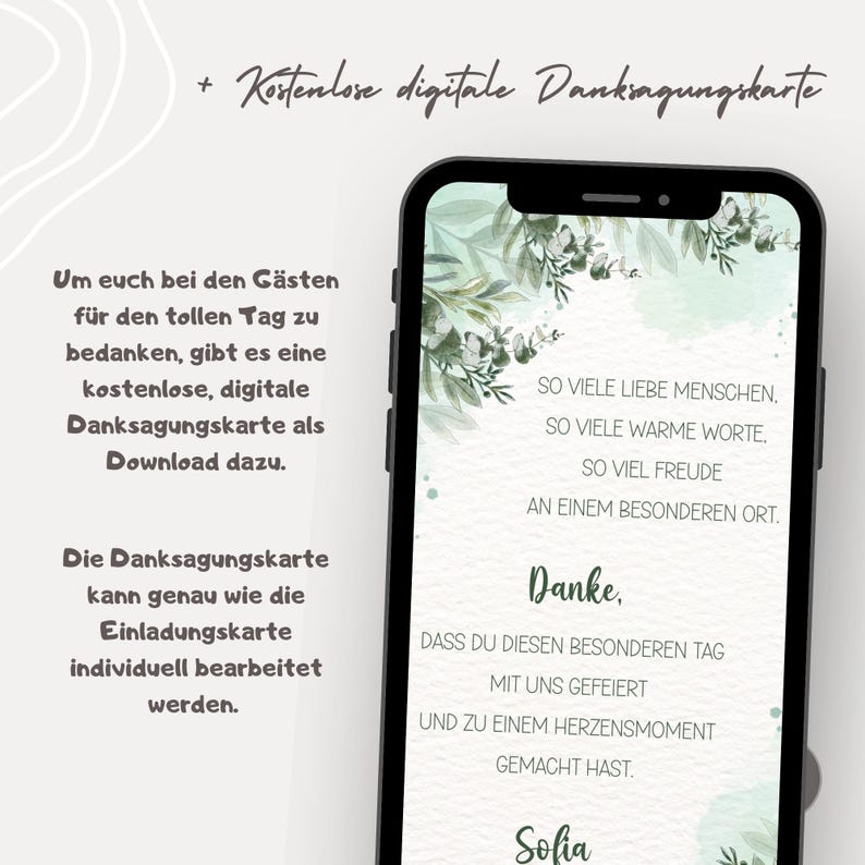 May include: A smartphone screen shows a digital thank you card with floral decorations. The card, written in German, offers a free digital download. The design uses a green and white colour scheme with elegant script and a modern layout.